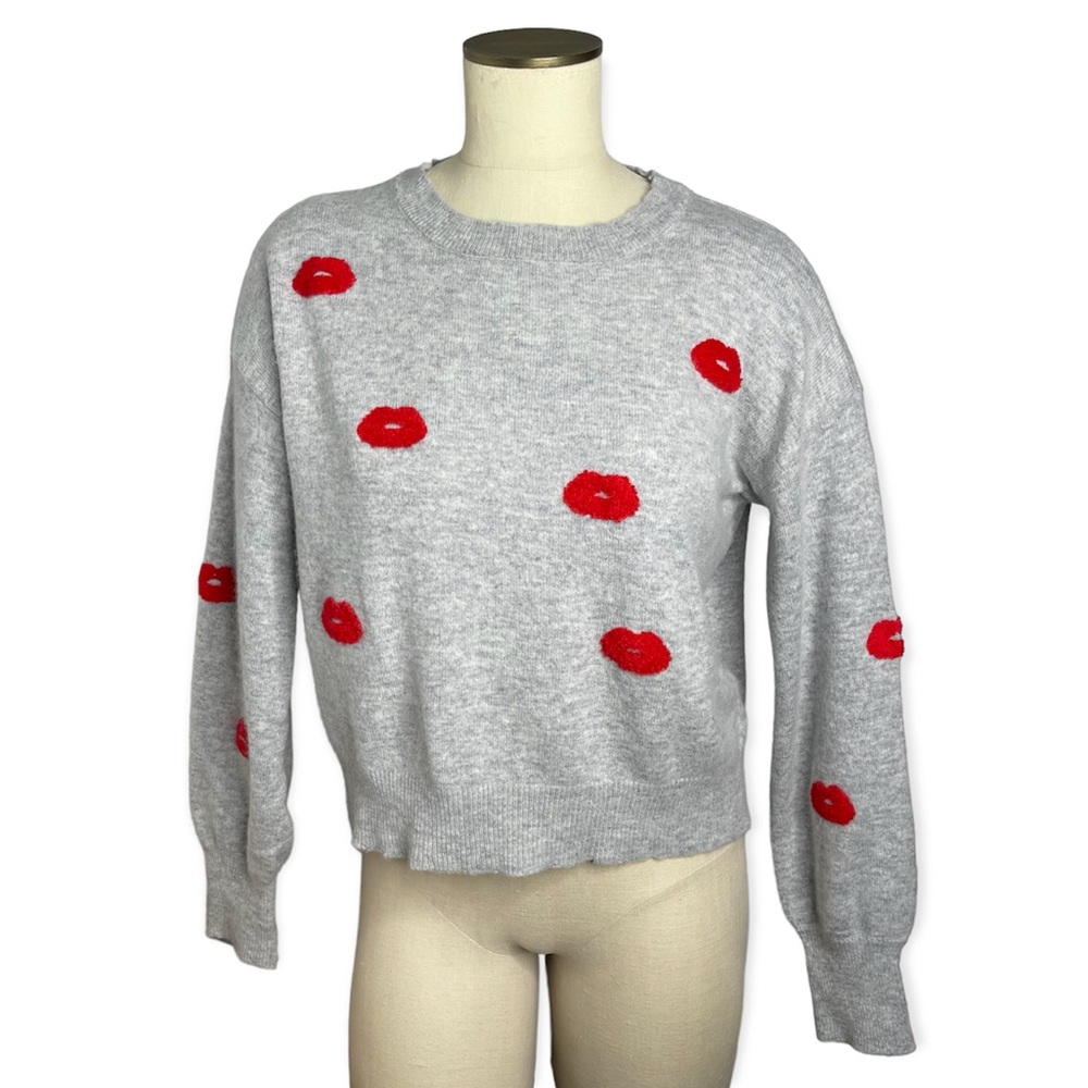 Blank Paige Kisses Sweater Gray Red Lips Lambswool Rabbit Cashmere Blend Sz L